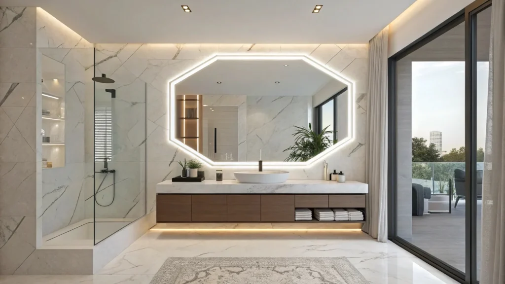 Large custom-shaped frameless bathroom mirror with soft LED backlighting, creating a minimalist, high-end look in a luxury resort bathroom.