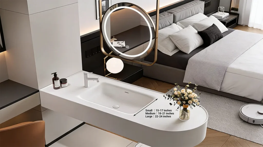 Variety of standard undermount bathroom sinks ranging from 15-inch compact to 24-inch large basins, suitable for different hotel zones and vanity sizes.