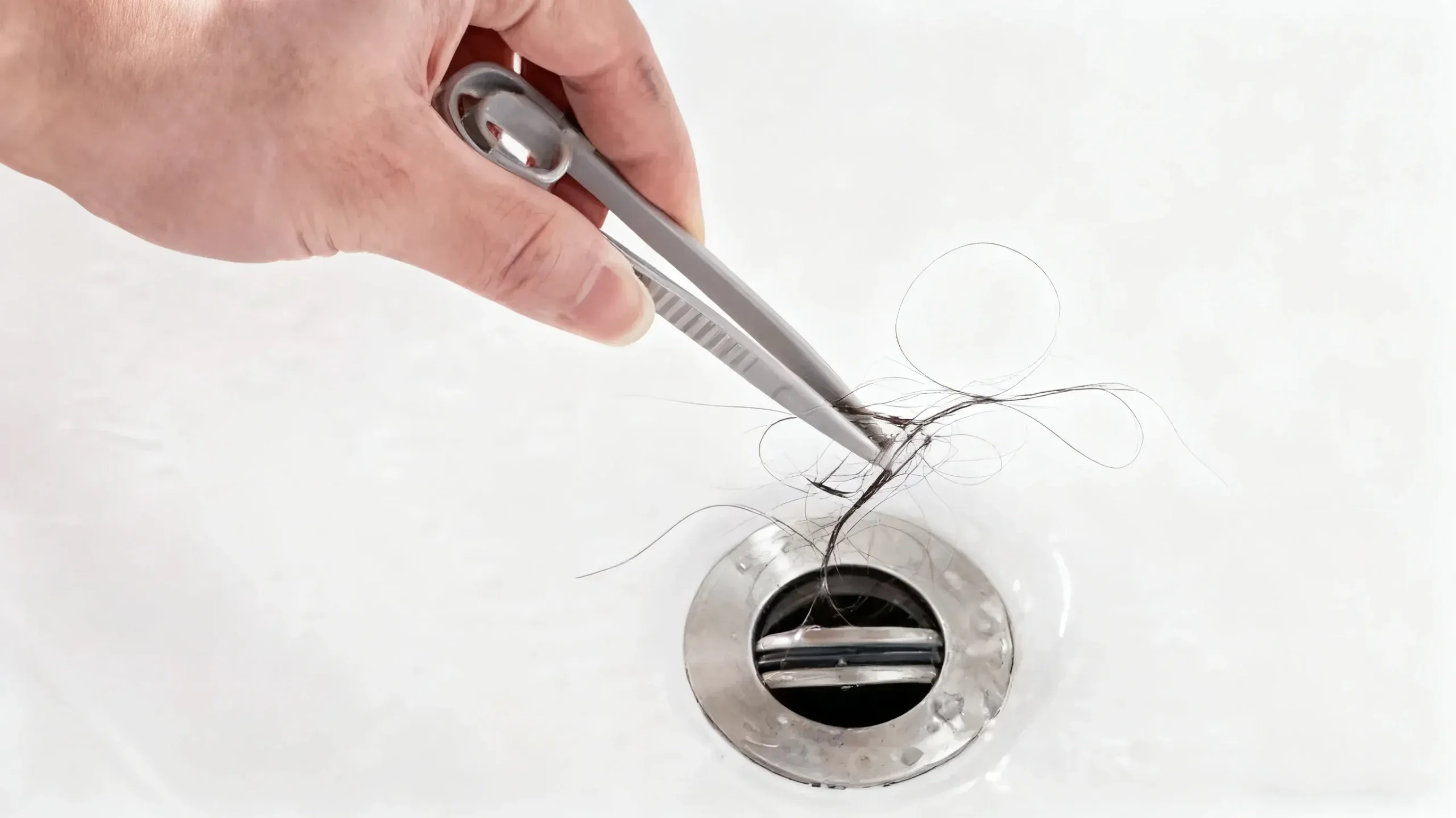 Technician removing hair clog from sink: stopper removed, using plastic drain snake and tweezers to pull out trapped hair.