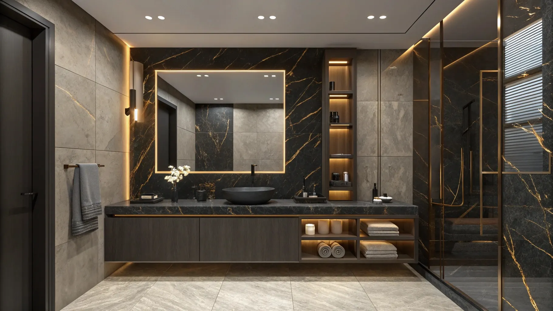 2025 bathroom granite trends showcasing moody dark granite with gold veining and warm beige countertops in a modern hotel bathroom design.