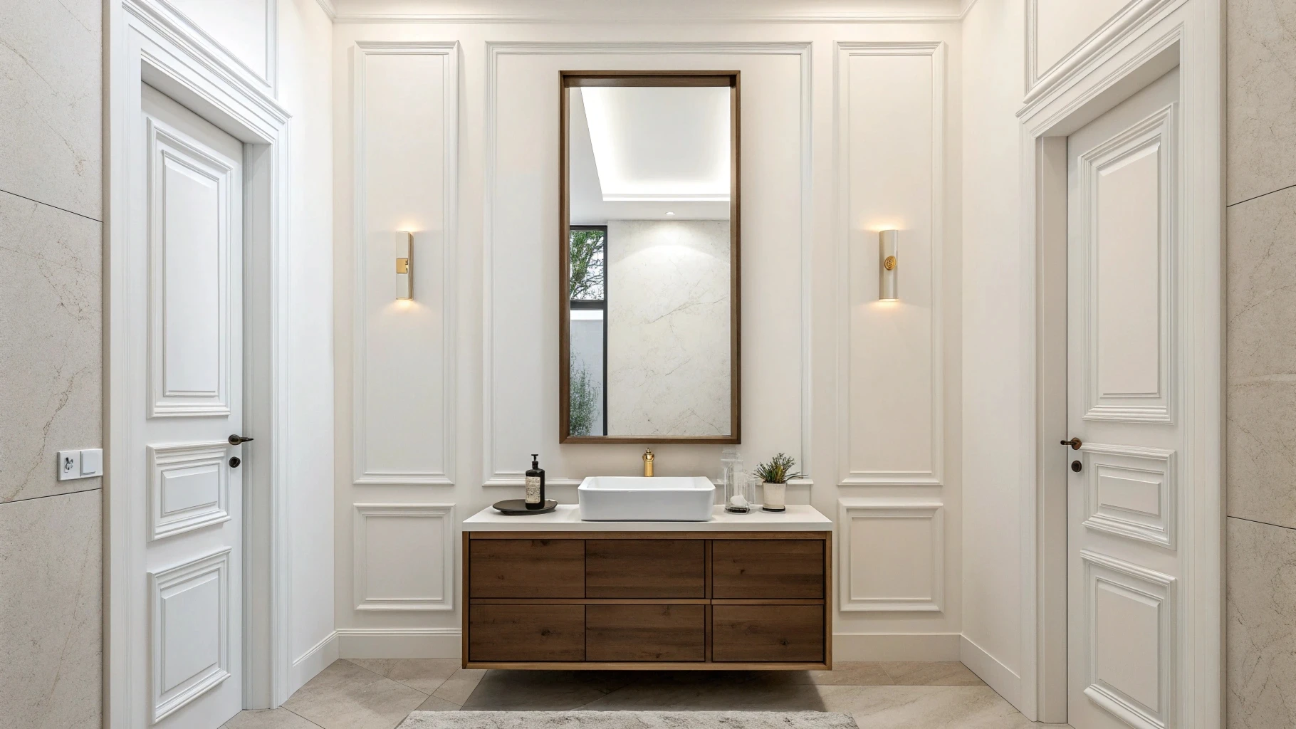 Tall vertical LED bathroom mirror above a single-sink vanity in a luxury hotel guest room, designed to save space and enhance ceiling height.