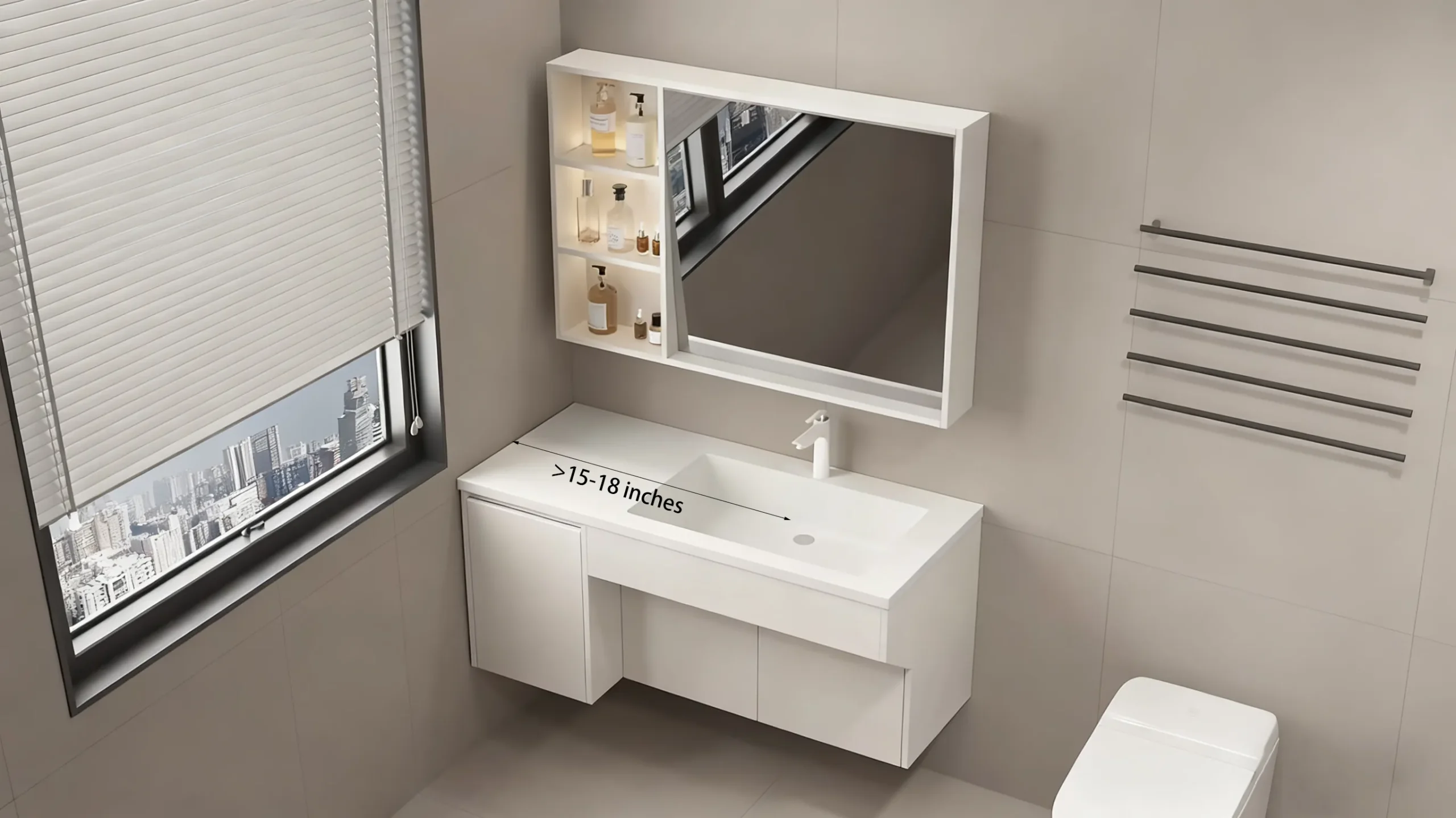 ADA bathroom sink installed with proper side-wall clearance, centerline positioned 15–18 inches from wall to allow required floor space.