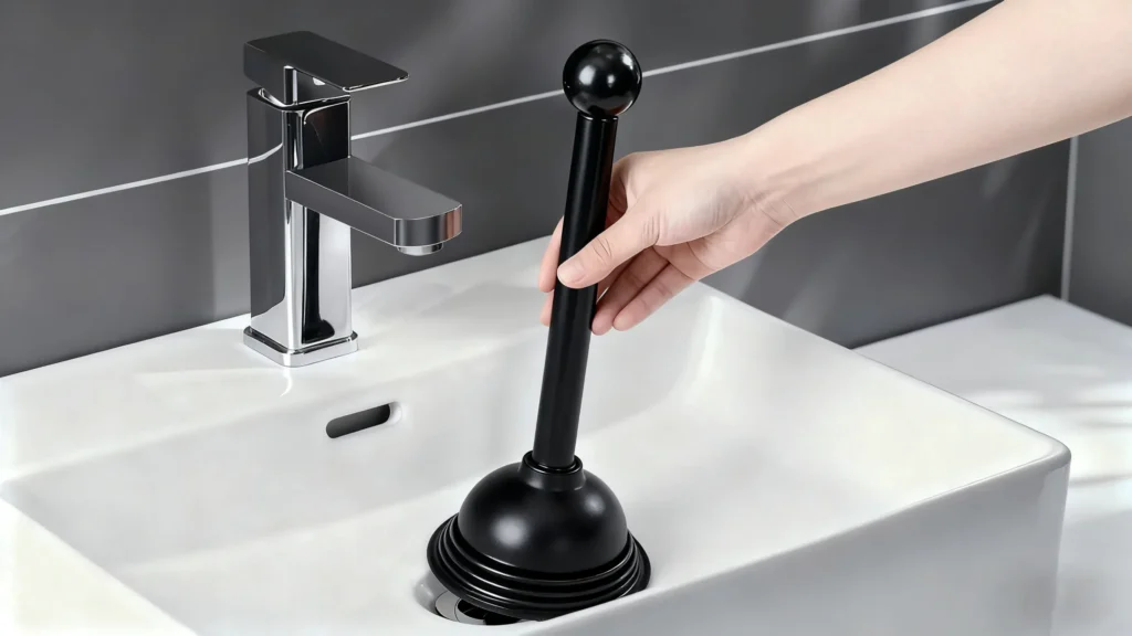 Hotel staff responding to a guest complaint by quickly unclogging a bathroom sink with a suction cup plunger and preparing a fast maintenance backup.