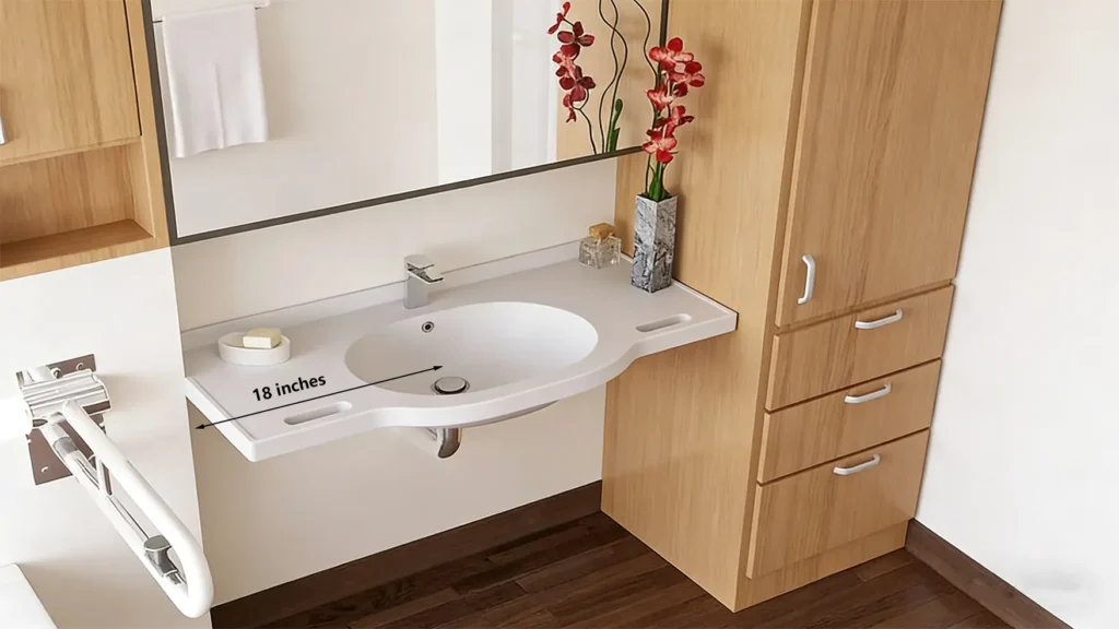 ADA-compliant bathroom sink showing at least 15-inch side clearance from the wall, providing enough lateral space for wheelchair users.