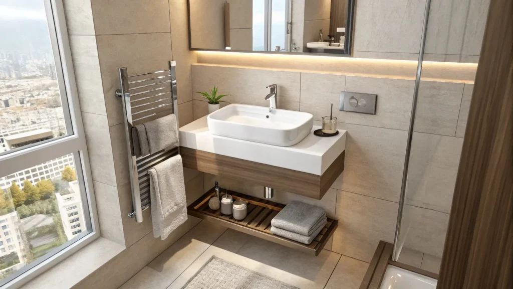 Wall-mounted and compact integrated sinks designed for small resort bathrooms, maximizing space while keeping the layout open, modern, and luxurious.