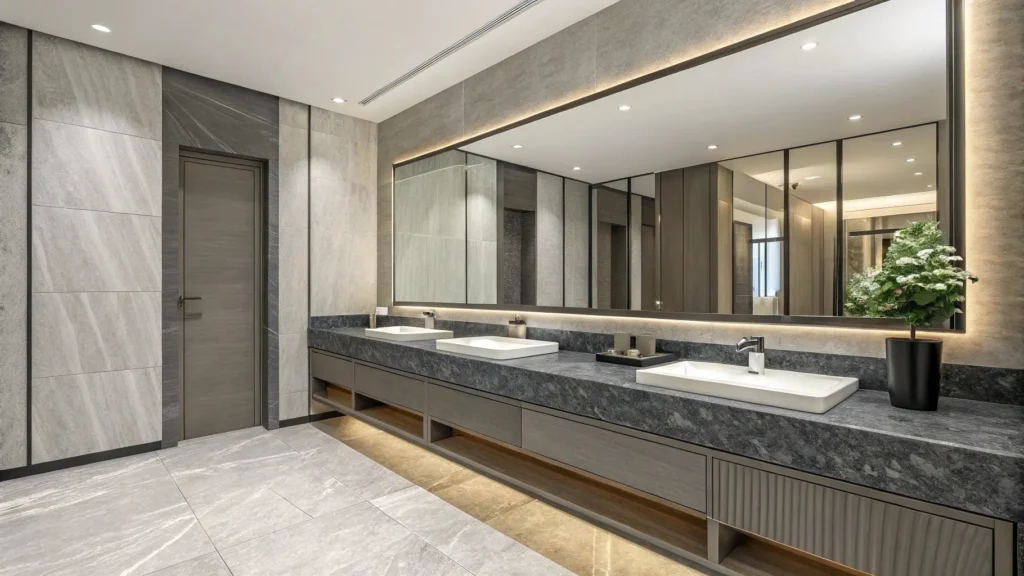 Hotel bathroom granite countertops in mid-tone gray and white, featuring durable Steel Gray and Dallas White granite with subtle patterns that hide stains and wear.