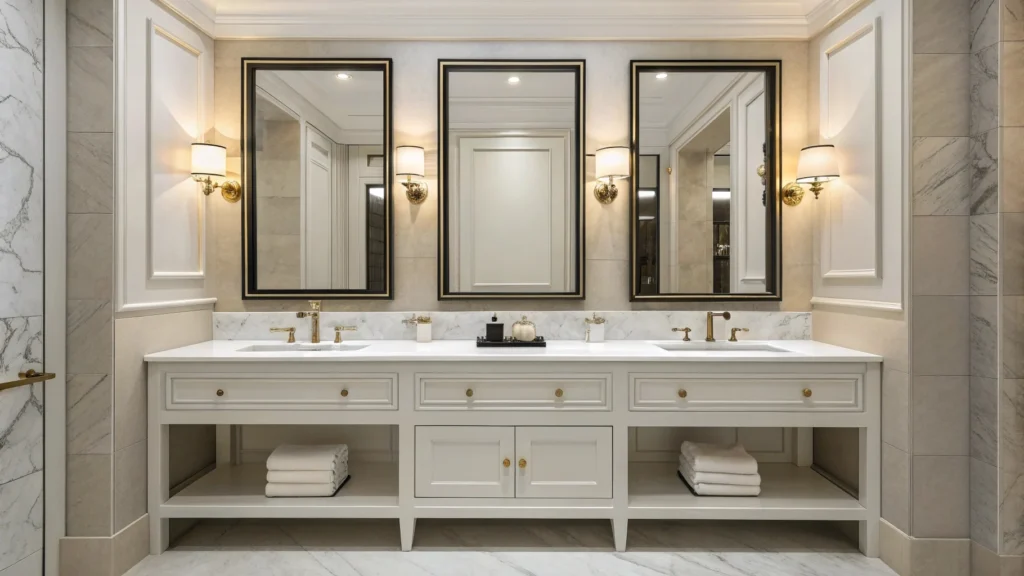Two identical wall-mounted bathroom mirrors above a double vanity in a luxury hotel suite, creating a symmetrical and high-end guest experience.