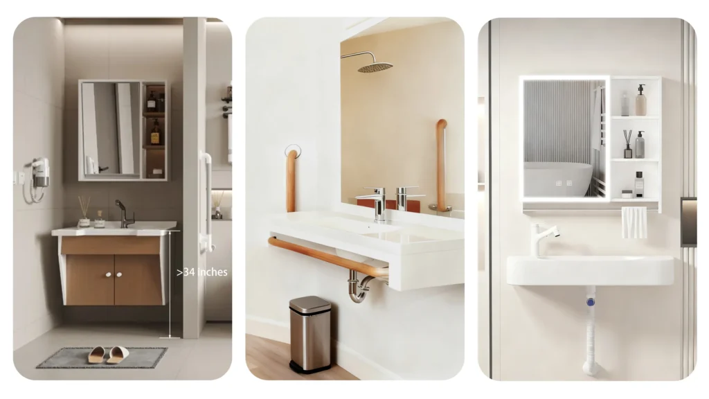 ADA bathroom sink installed at correct 34-inch rim height with clear knee space and insulated drain trap, inspection-ready.