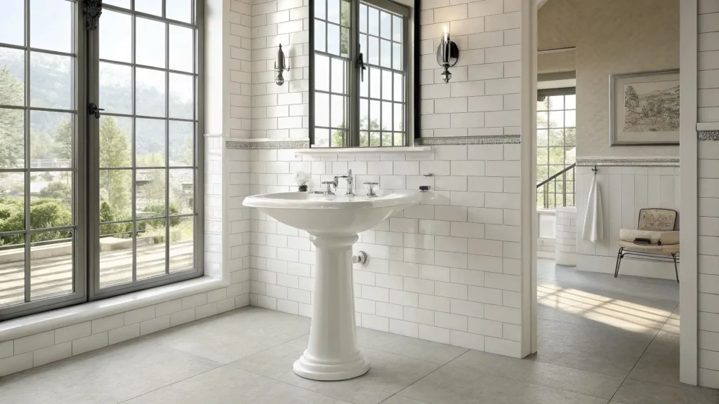 Pedestal sink ideas for minimalist resort bathrooms, creating an open, elegant look with reduced visual weight and a spacious boutique-style feel.