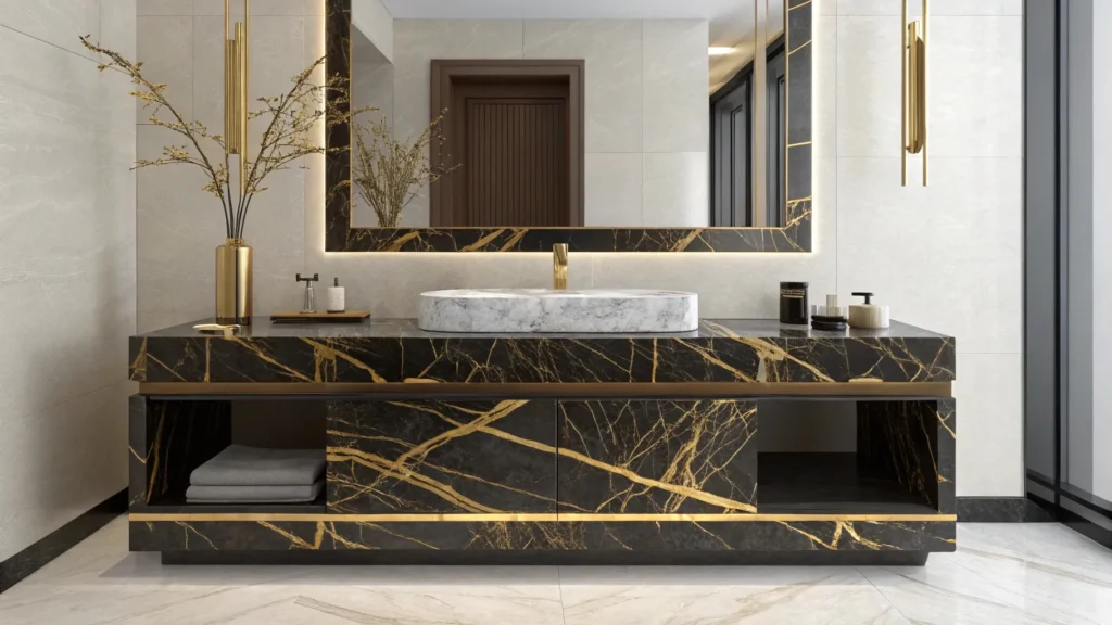 Luxury hotel bathrooms featuring exotic granite with bold veining and rich blue or gold tones, contrasted with mid-scale hotel countertops in classic white and gray granite.