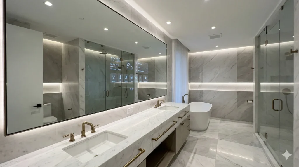 Floor-to-ceiling luxury master bath mirror with integrated smart features in a villa or presidential suite bathroom, serving as a striking focal point.