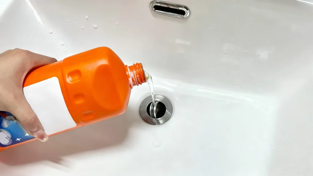Hotel technician applying enzymatic drain cleaner to slow-draining bathroom sink — noncorrosive, pipe-safe.