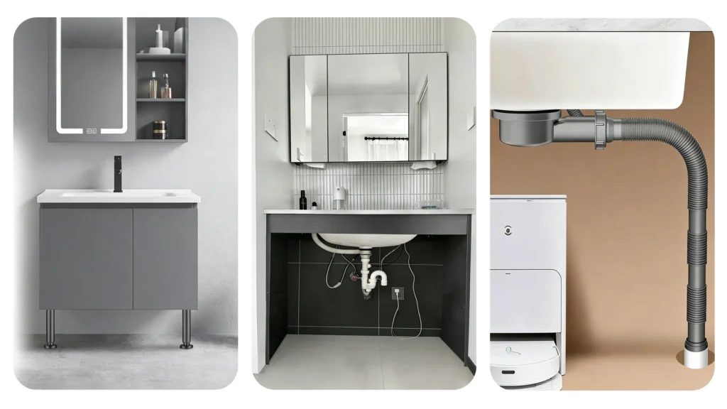 Technician retrofitting an existing sink for ADA compliance—lowering mounting brackets, removing vanity base, and fitting an offset drain tailpiece to create knee clearance without a full remodel.