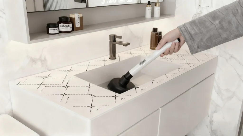 Hotel staff quietly unclogging a bathroom sink in an occupied room using a small cup plunger and drop cloth, minimizing noise and disruption for guest comfort.