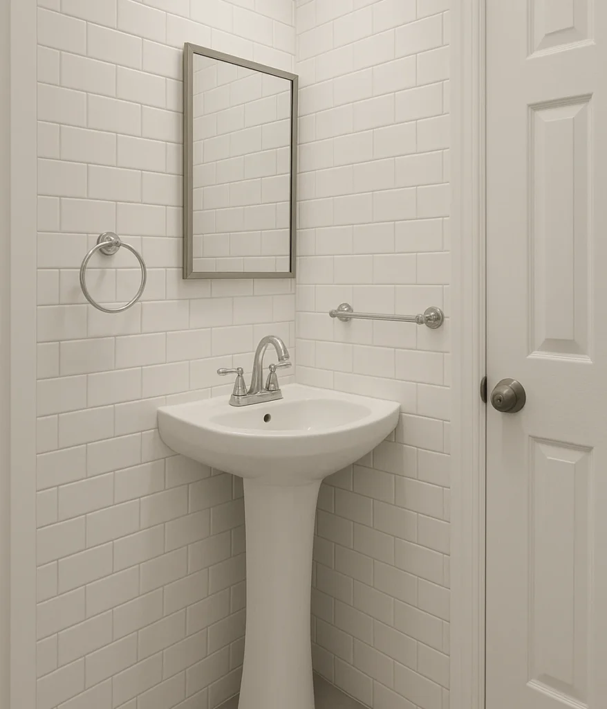 Corner bathroom sink ideas optimizing irregular resort layouts, saving space, improving door clearance, and making efficient use of unused corners.