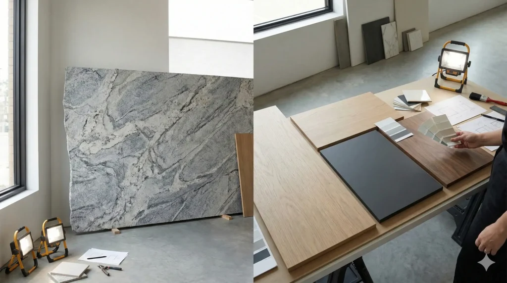 Selecting granite countertop colors by comparing large stone samples with bathroom lighting and cabinet finishes to ensure accurate color matching before installation.