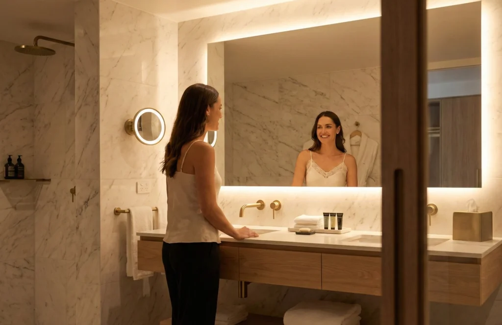 Bright, clear luxury bath mirror with even LED lighting and anti-fog glass, enhancing guest confidence in a high-end hotel bathroom.