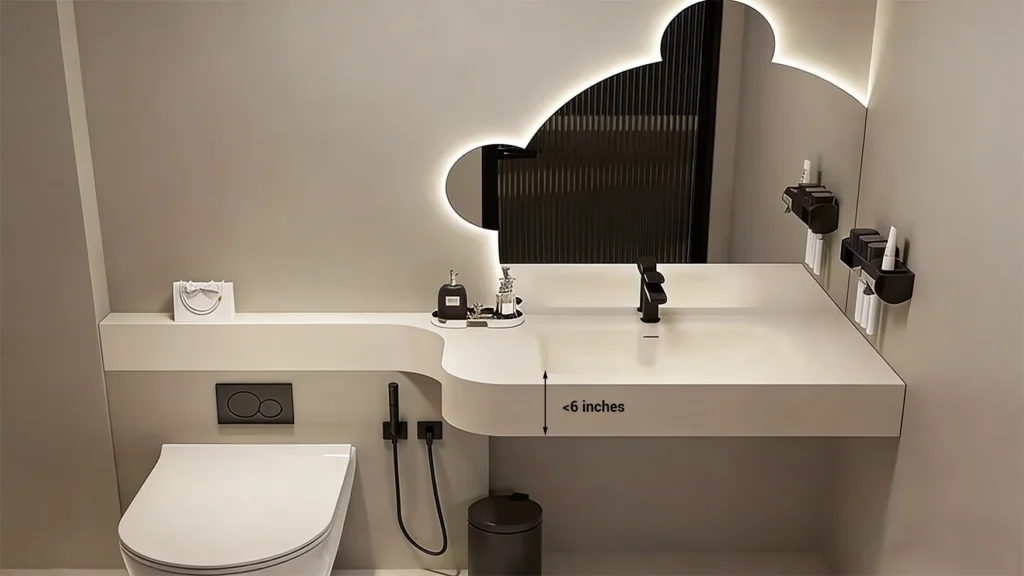 ADA-compliant undermount bathroom sink with depth under 6 inches, properly positioned faucet and drain, balancing aesthetics and hotel operational needs.