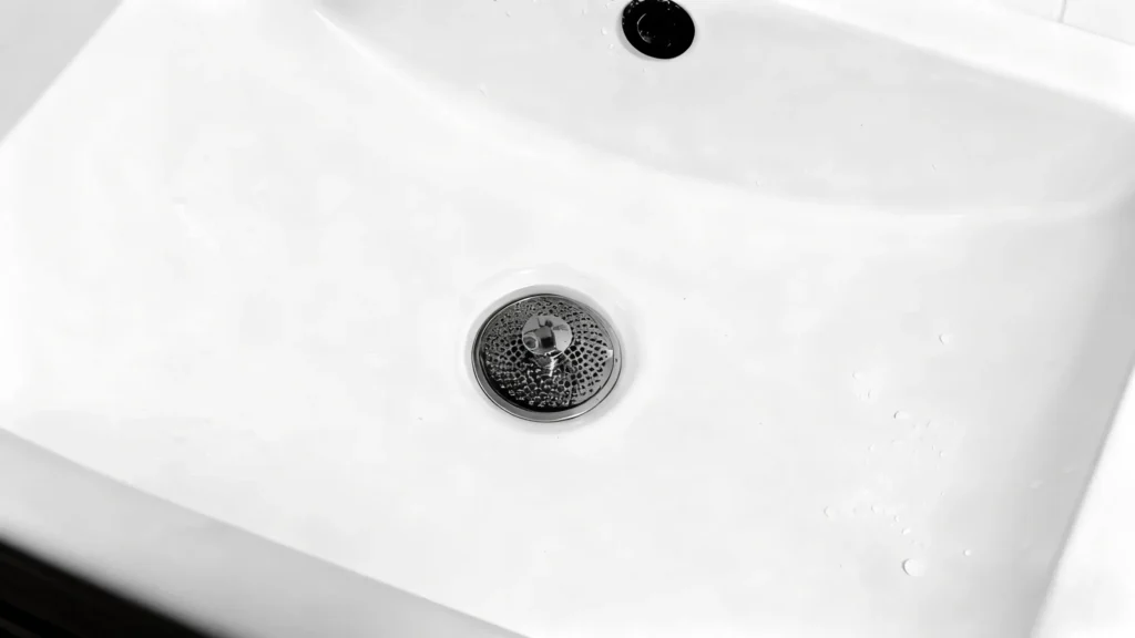 Hotel maintenance installing mesh sink strainers and applying enzymatic cleaner as part of a monthly preventative program to stop hair and debris clogs.