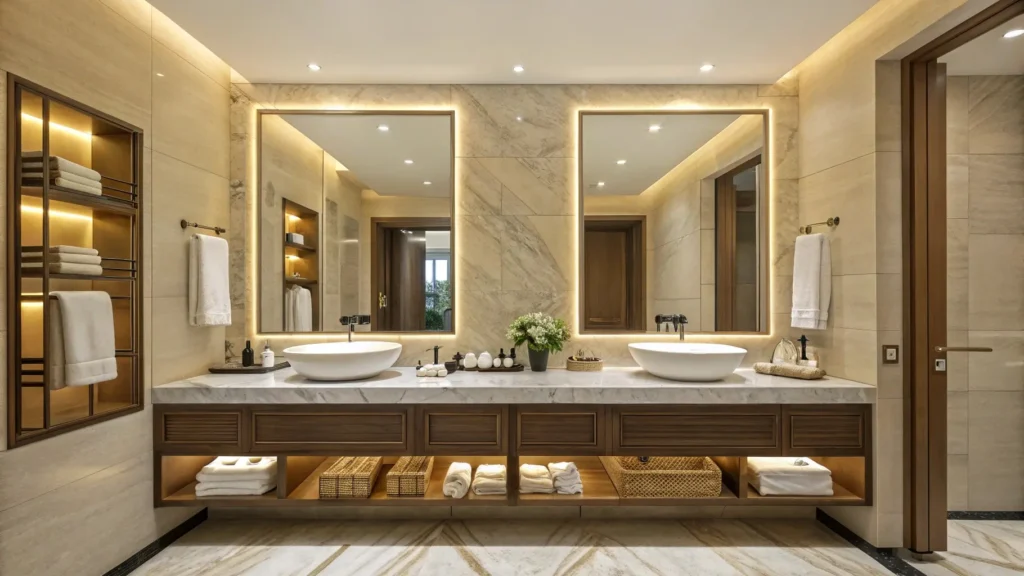 Double sink ideas for luxury resort suites, offering dual usability, ample counter space, and an elevated guest experience for couples and families.