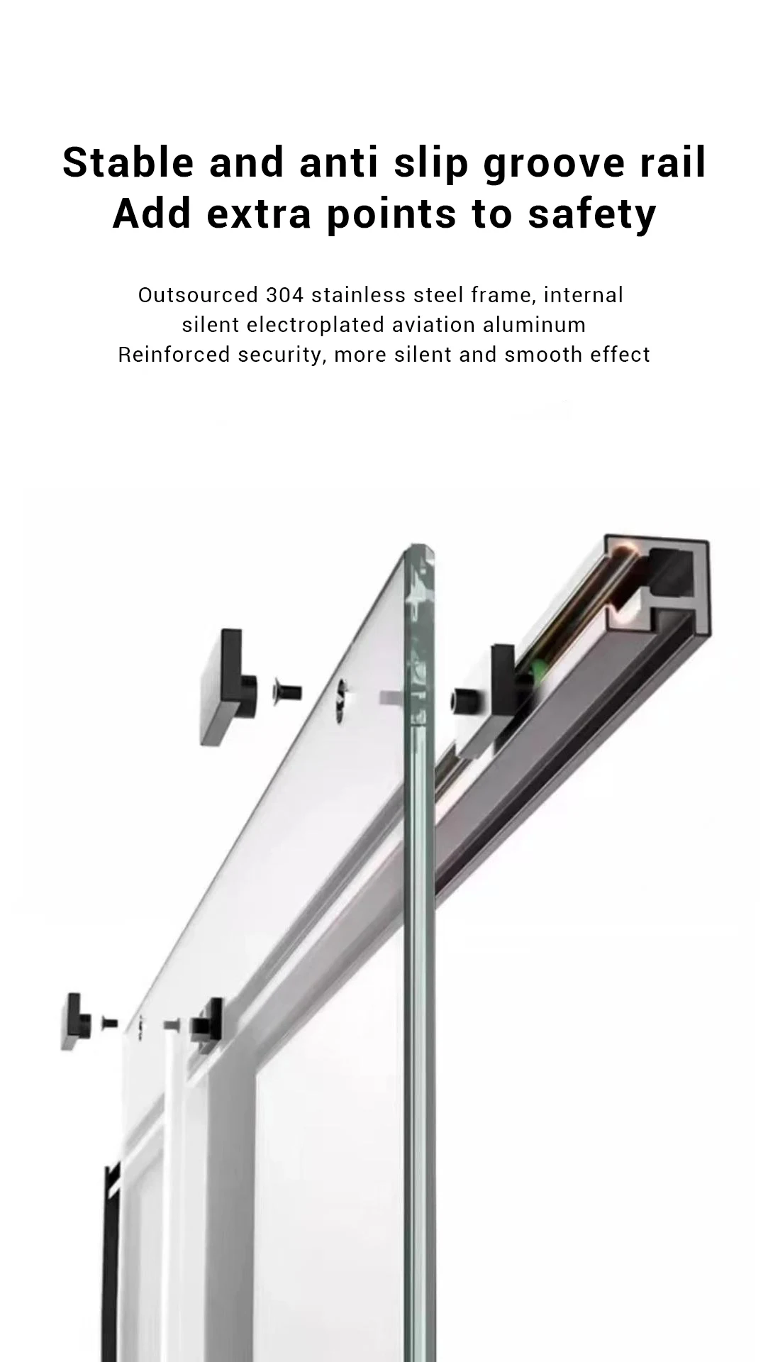 304 stainless steel shower door frame with electroplated aviation-grade aluminum interior, offering enhanced structural strength, corrosion resistance, and long-term stability for humid bathroom environments.