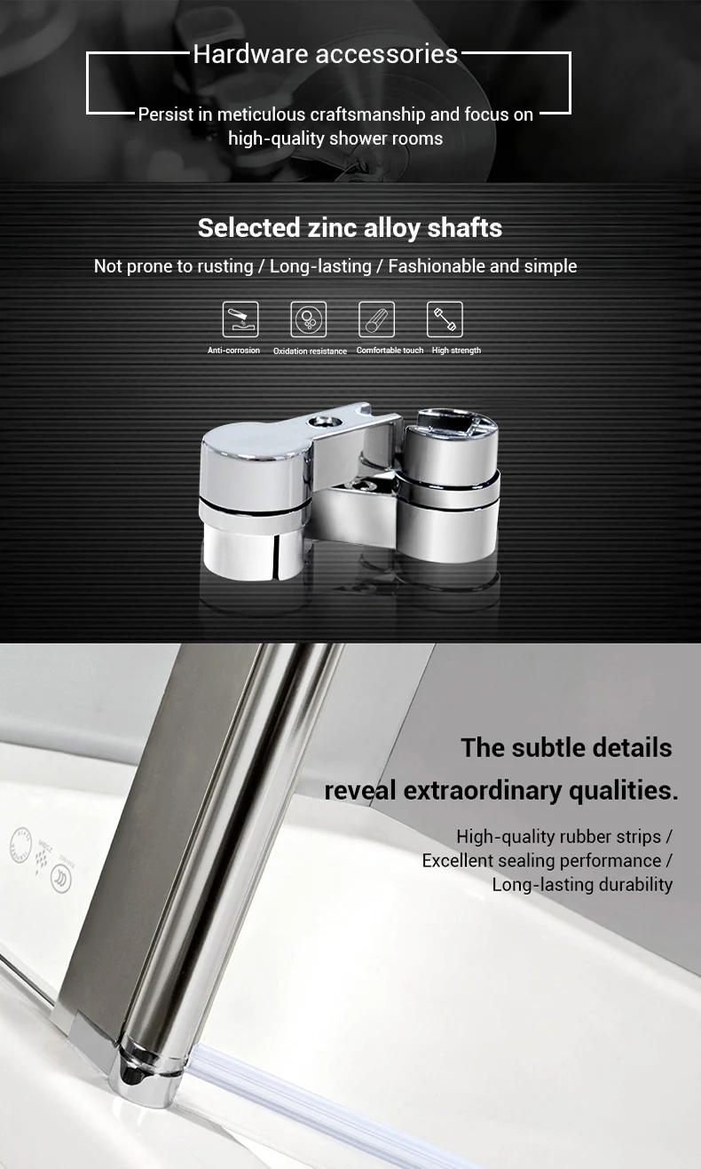 Durable aluminum-magnesium alloy shower screen frame with long-lasting stability, plus corrosion-resistant premium zinc alloy hinges featuring a compact, modern design.