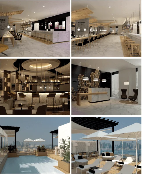 Custom commercial quartz bathroom vanity and mirror installation at Al Salata Hotel, Jordan.