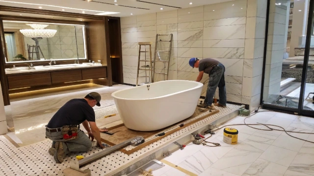 Hotel bathroom under construction with a bathtub partially installed, illustrating pre-installation planning and construction inspection.