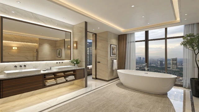 Solid surface bathtub in a modern high-occupancy hotel bathroom designed for long-term durability and low total cost of ownership