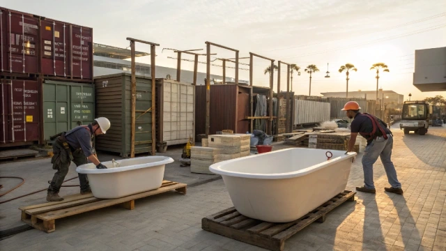Australian hotel construction site showing bathtubs being unloaded and inspected on site, illustrating handling risks during delivery