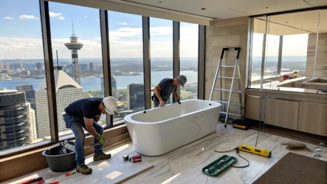 Installation of a modular bathtub in an Australian high-rise hotel room, illustrating labour-saving design features.