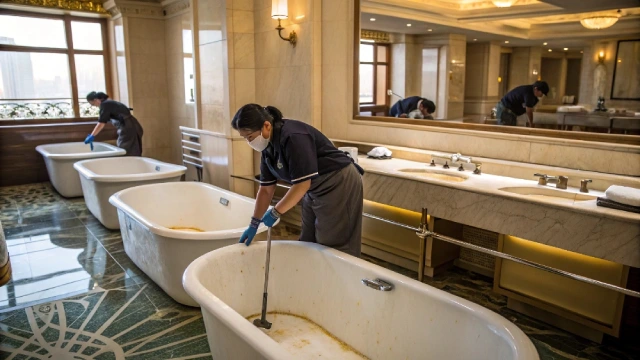 Maintenance team inspecting cracked and worn bathtub surface inside a modern hotel guest bathroom.