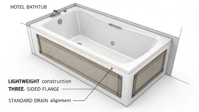 Diagram highlighting key bathtub design features for faster installation in hotels, including lightweight materials and three-sided flange.