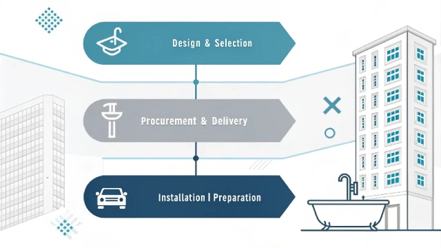 Flowchart illustrating systematic planning for hotel bathtub installation in three stages: design & selection, procurement & delivery, installation preparation.