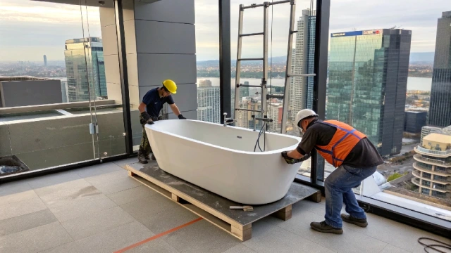 Workers installing a pod-ready bathtub with adjustable base in a high-rise hotel bathroom, demonstrating practical implementation tips.