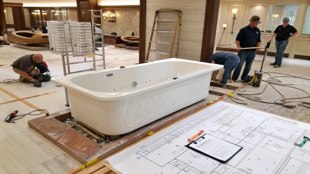 Commercial bathtub installation showing plumbing alignment and construction coordination in hotel projects