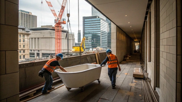Workers handling a heavy bathtub in a confined hotel corridor, illustrating installation challenges in Australian projects.
