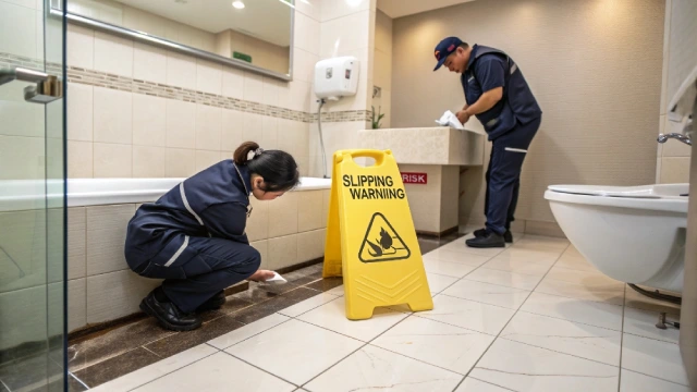 Maintenance staff inspecting a cracked bathtub in a hotel, demonstrating the safety risks of poor-quality tubs.