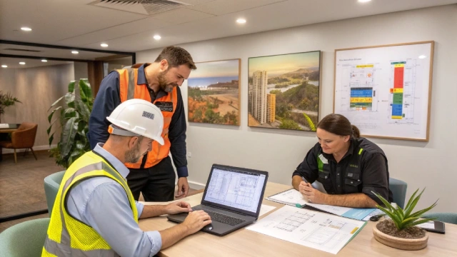 Hotel project managers reviewing installation schedule and cost impact, illustrating savings and risk reduction from efficient bathtub design.