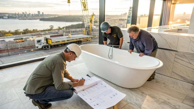 Australian hotel bathroom renovation showing cost overrun and contractors measuring bathtub