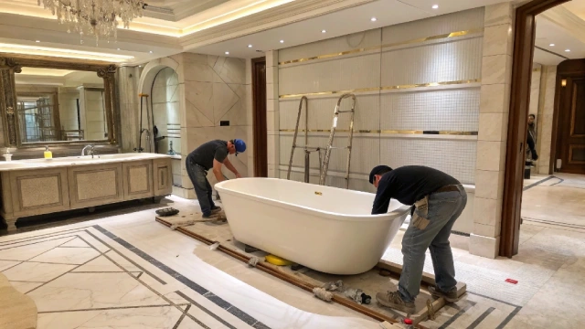 Professional installation of a commercial-grade bathtub in a hotel project, representing long-term quality and reliability