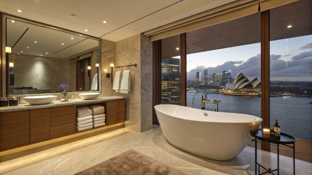 Modern hotel bathroom with a durable acrylic bathtub, accessible layout, and long-lasting materials representing a future-proof bathroom design.