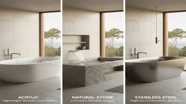 Comparison of commercial-grade hotel bathtubs made from acrylic, stone, and steel in modern Australian bathroom