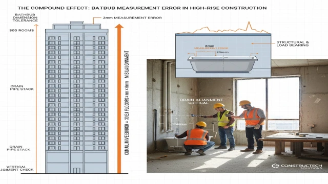 Infographic showing how small bathtub installation errors can multiply across hundreds of hotel rooms, emphasizing high-risk stage in commercial projects.