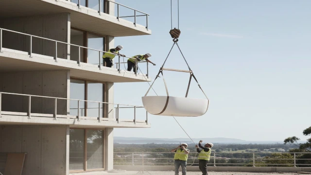 Crane lifting a bathtub to upper floor at Australian hotel construction site with workers guiding installation