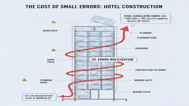 Hotel bathtub installation inspection scene showing workers verifying dimensions, structural supports, and plumbing alignment to prevent common mistakes.