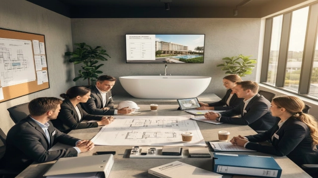 Hotel bathtub procurement workflow diagram showing specification, supplier selection, compliance checks, logistics planning, and installation.