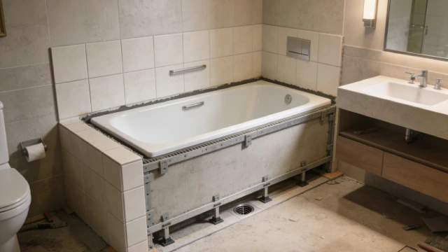 Hotel bathtub installation showing integrated flange, proper sealing, and leak prevention design