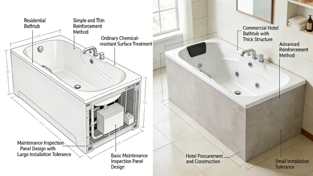 Comparison between residential bathtub and commercial-grade hotel bathtub showing structural strength and maintenance access