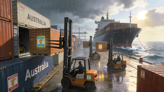 Visual representation of shipping challenges for bathtubs to Australia, including long sea freight, container rain, vibration, and port handling